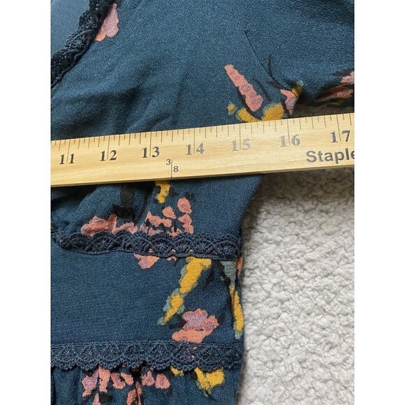 Xhilaration Teal Floral Print Babydoll Dress Small S Long Sleeve Mini Cross Back - Picture 4 of 10